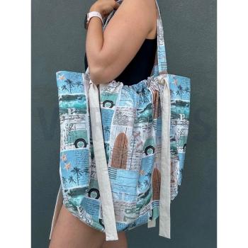 Preview: Canvas mit Beachmotiven Hellblau, Creme, Mint auf Ecru